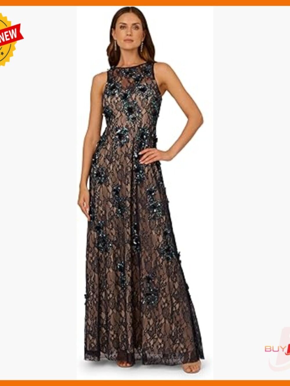 Bead Embellished Mesh Long Dress, Sleeveless with Back Zipper